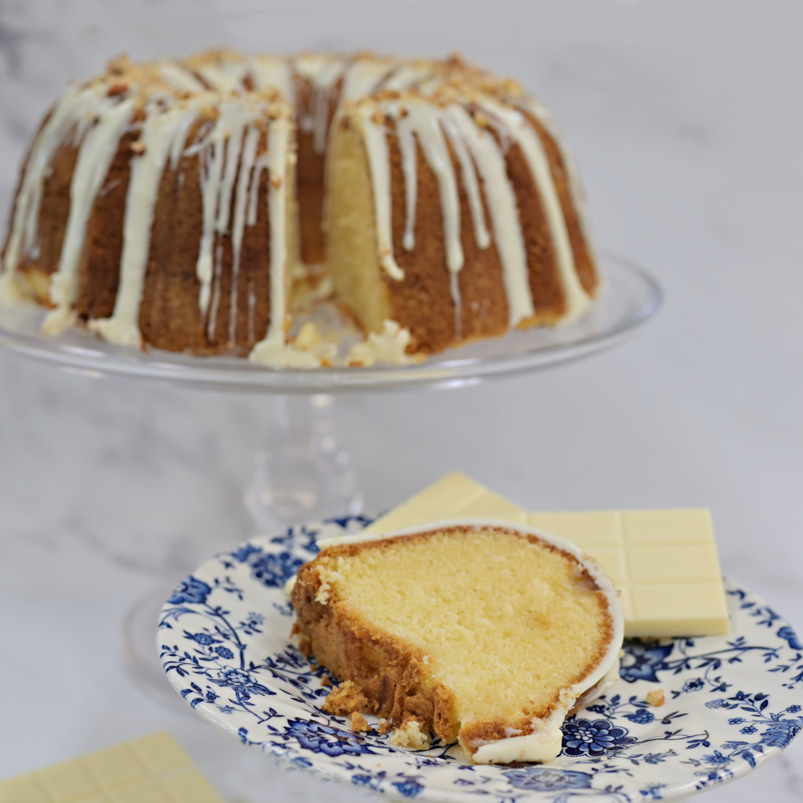 White Chocolate Pound Cake with Pecans and White Chocolate Glaze