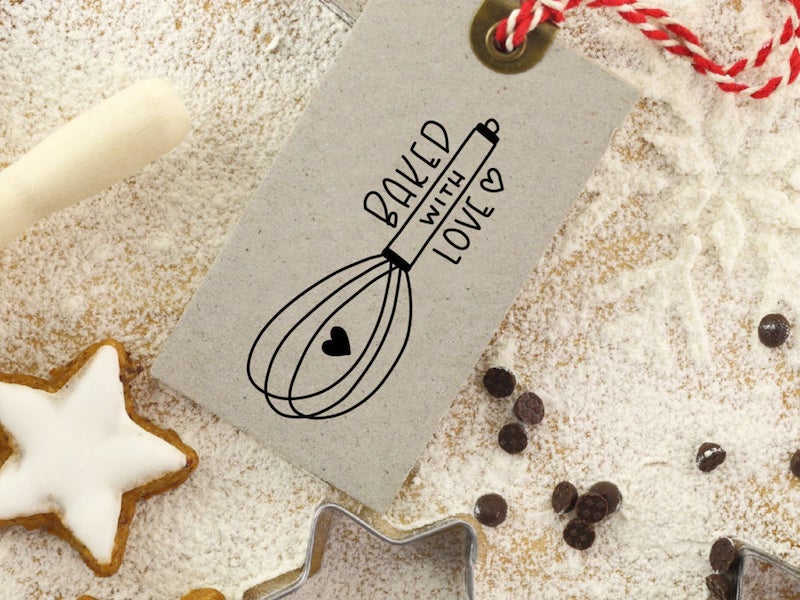 custom baked with love wooden rubber stamp for holiday gift tags - shop our collection of Etsy's unique & thoughtful gift ideas for the baker, curated by Minette Rushing's southern baking blog