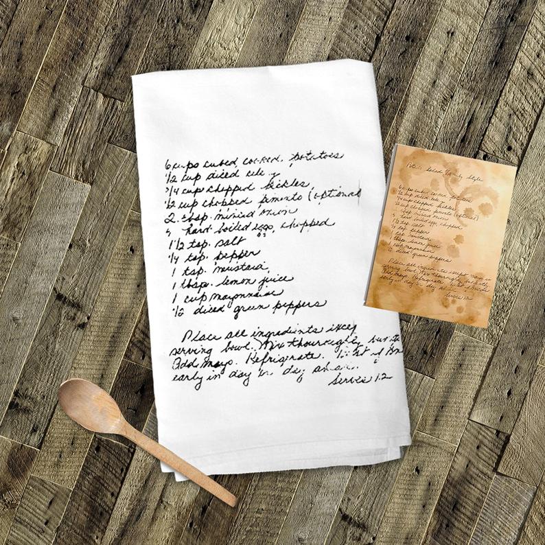handwritten custom tea towel with recipes found on Etsy