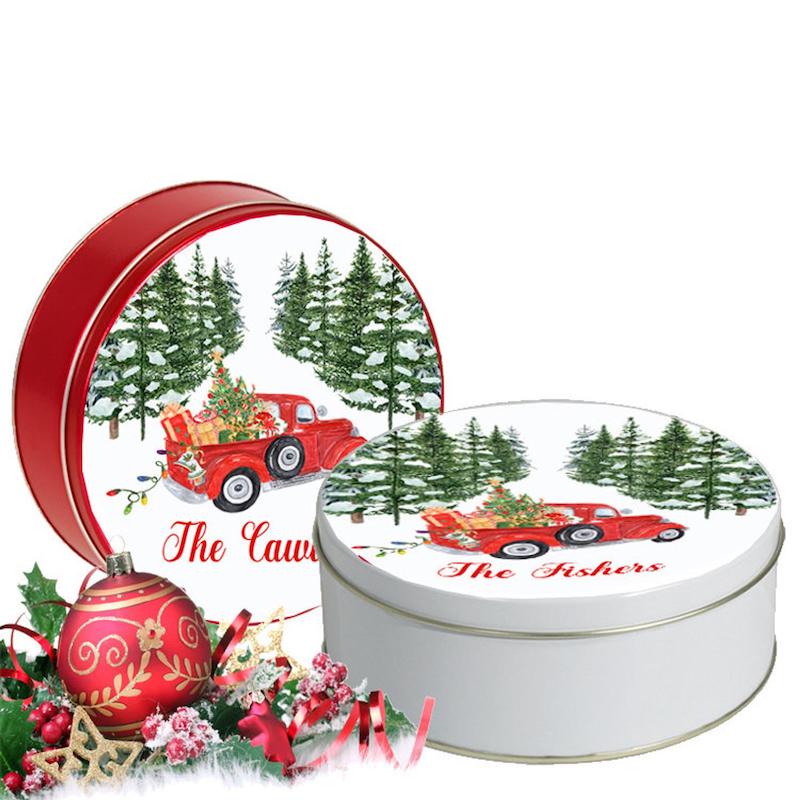 personalized winter scene cookie tin - shop this holiday cookie tin on Etsy
