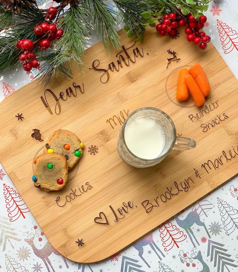 wooden cutting board for santa's cookies  - shop on Etsy for holiday cookie swap supplies