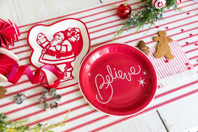 red believe and santa holiday paper plates - shop on Etsy for cookie swap supplies