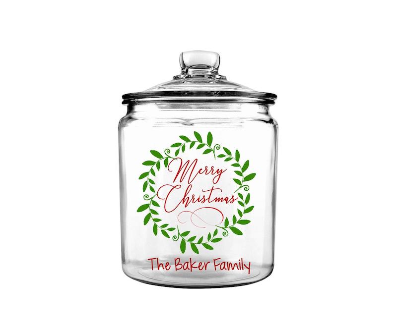glass personalized custom holiday cookie jar with wreath -  - shop on Etsy for holiday cookie swap supplies
