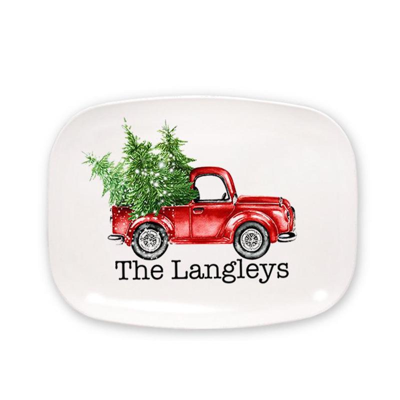 personalized christmas tree and truck cookie platter - shop on Etsy for holiday cookie swap supplies